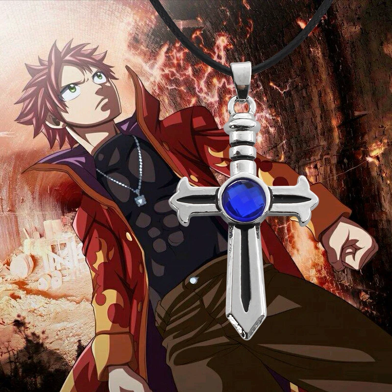 

Anime Fairy Cross Inlaid Necklace Personality Men And Women Trend Anime Pendant Blue Rhinestone Leather Rope Jewelry Gift