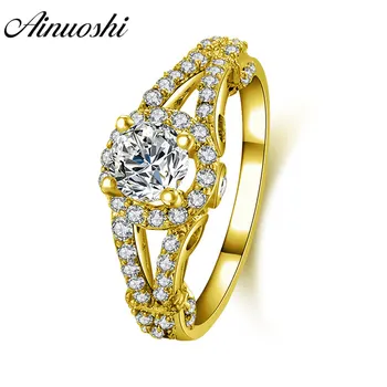 

AINUOSHI Trendy 14K Solid White/Yellow Gold Halo Ring Fine Pave Setting Band Round Sona Diamond Women Wedding Engagement Ring