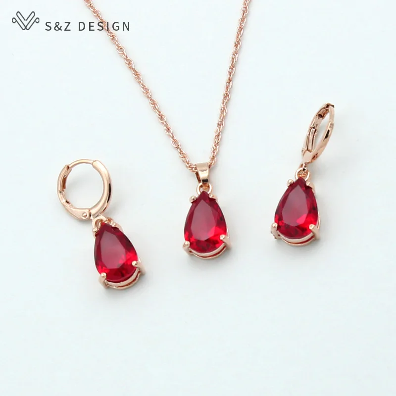 S&Z DESIGN New Fashion Water Drop Cubic Zirconia 585 Rose Gold Color Dangle Earrings Jewelry Set For Women Wedding Party Gift