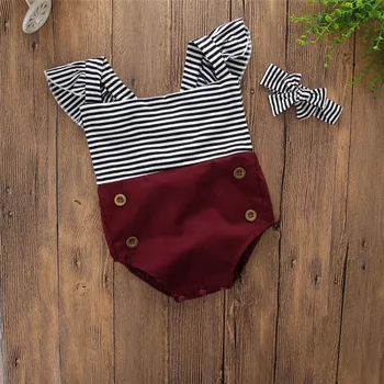 

Summer Newborn Girls Rompers Set Flare Sleeve Striped Print Bodysuit Jumpsuit with Headband