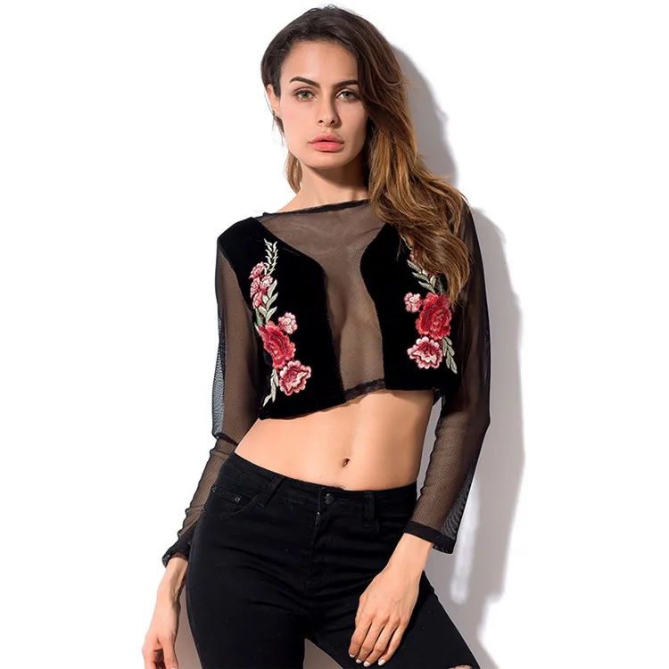RIISDA Flower Embroidery Long Sleeve Crop Top 2018 Summer Blouses Women Fashion Trends Women Sexy Mesh Patchwork Velvet Blouse  (3)