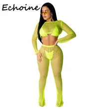 Echoine Sexy 2 Piece Set Women Hollow Out Cut Out Crop Top + Long Pant Summer Beach Set Women Clothes 2019 Outfits army green cut out crop top
