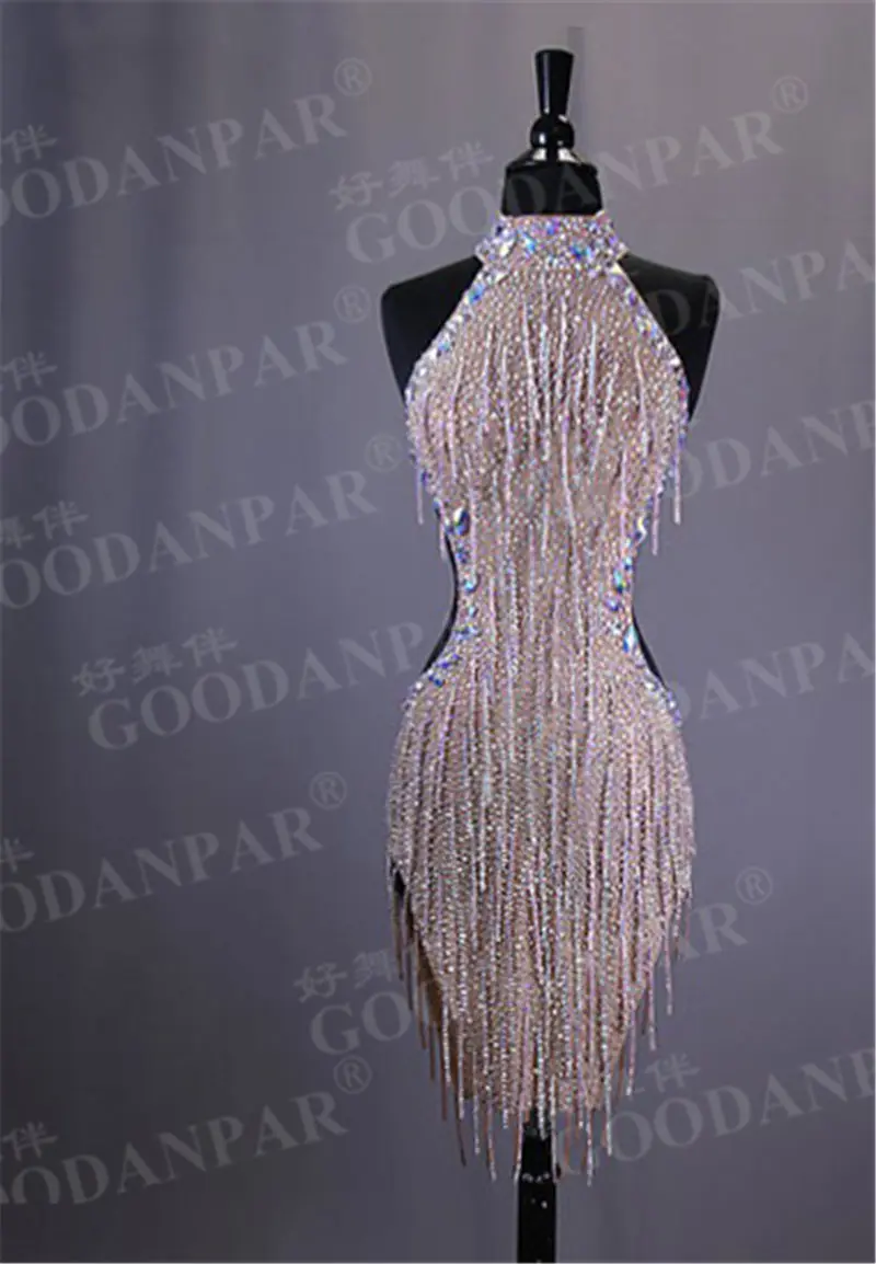 

GOODANPAR New Style Sexy Lycra Latin Dance Dress Women Sleeveless Competition Salsa Rumba Samba Flapper Dress With Bodysuit Bra