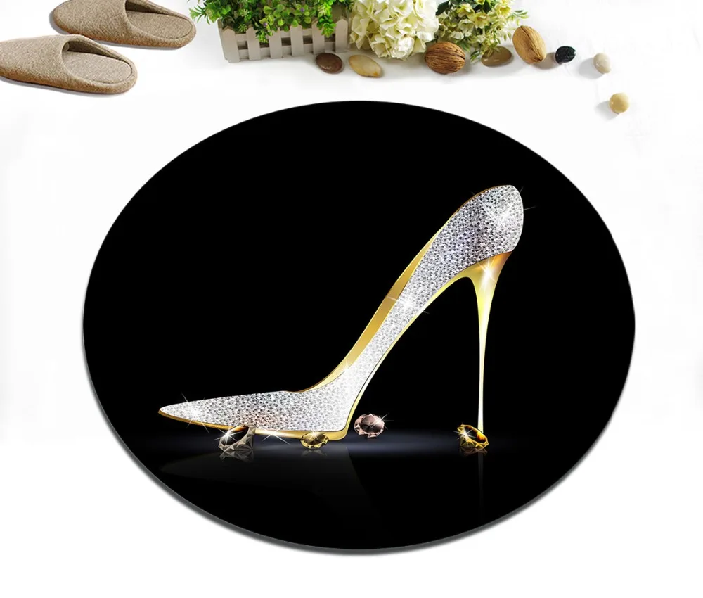 

Silver Golden High Heels Crystals Jewel Round Home Door Mat Living Room Floor Cushion Bedroom Area Rug Bathroom Non-Slip Carpets