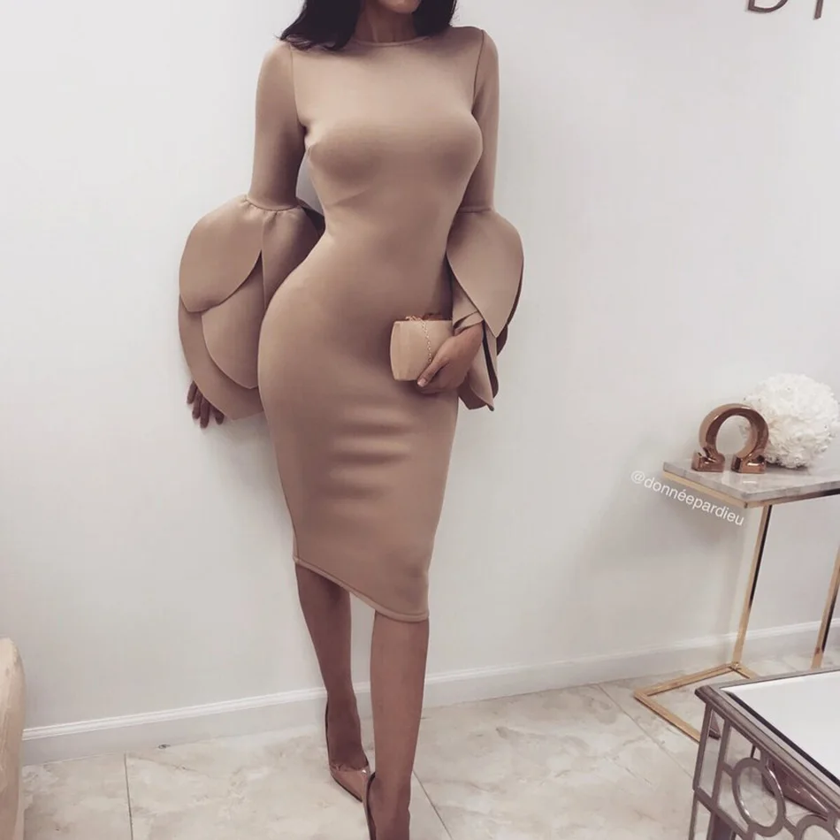 Арцу женский Chic Твердые Лепесток рукава Бандажное платье Вечеринка 2018 Tight Платье