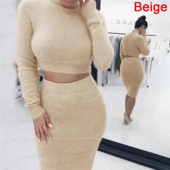 

2pcs Set Long Sleeve Fleece Crop Top Pencil Midi Skirt Solid Bodycon Dress Sweater Tracksuit Autumn Women Bandage Suit