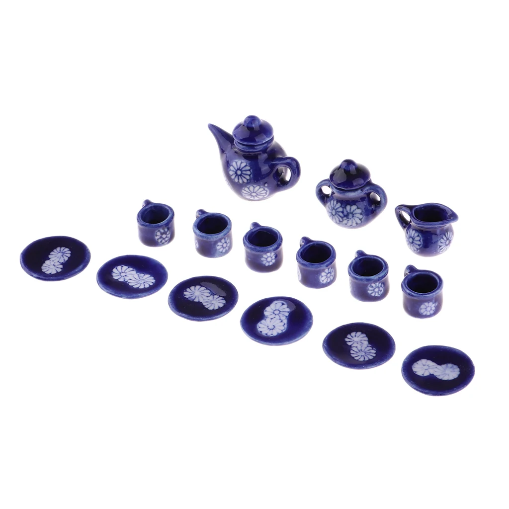 15 Pcs Doll House  Coffe Tea Set Miniature Dining Ware Porcelain Tea Set Dish Cup Plate Dolls Tableware Accesssories
