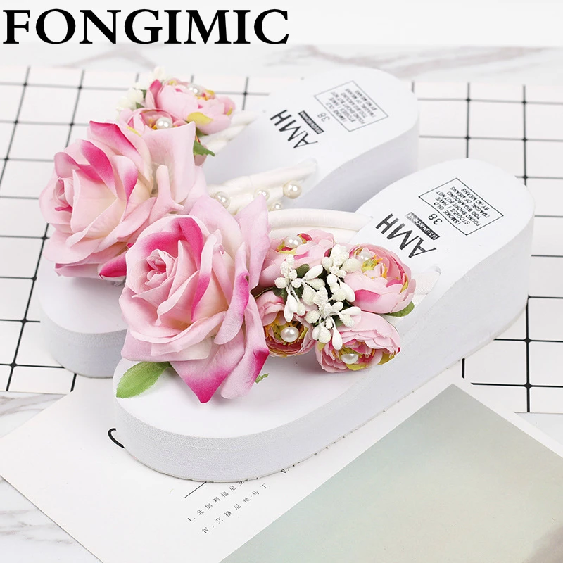

Slippers For Women Ladies Handmade Summer Flip Flop Flowers Decoration Female Flip Flops High Heel Bohemia Beach Sandal Slippers