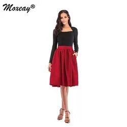 Moxeay элегантная женская юбка с высокой талией с плиссировкой, до колен миди трапециевидная юбка с боковыми карманами Saias Na Altura Do Joelho 2019