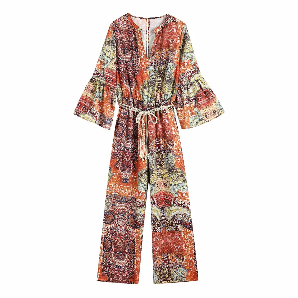 

Womens Vintage Loose Jumpsuit Playsuits Rompers Belt Bow Tie Elastic waist Female Print Fashion Overalls Jumpsuits