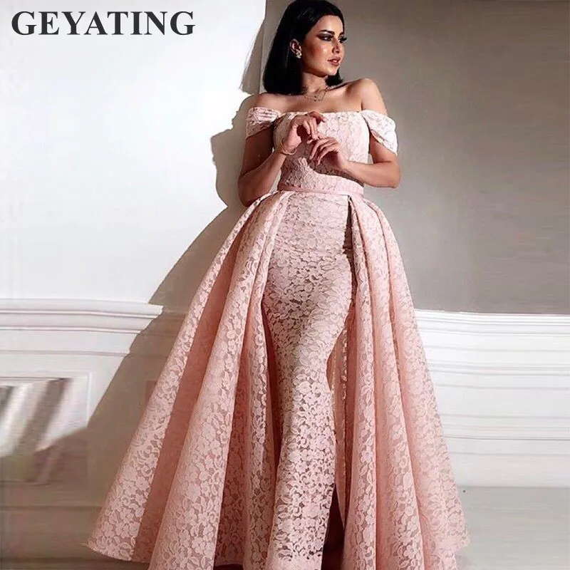 Elegante Lange Roze Kant Mermaid Arabisch Avondjurk 2020 Kaftan Dubai Prom Dresses Met Afneembare Rok Vrouwen Formele Party Gown Elegante Lange Roze Kant Mermaid Arabisch Avondjurk 2020 Kaftan Dubai Prom Dresses Met Afneembare Rok Vrouwen Formele Party Gown