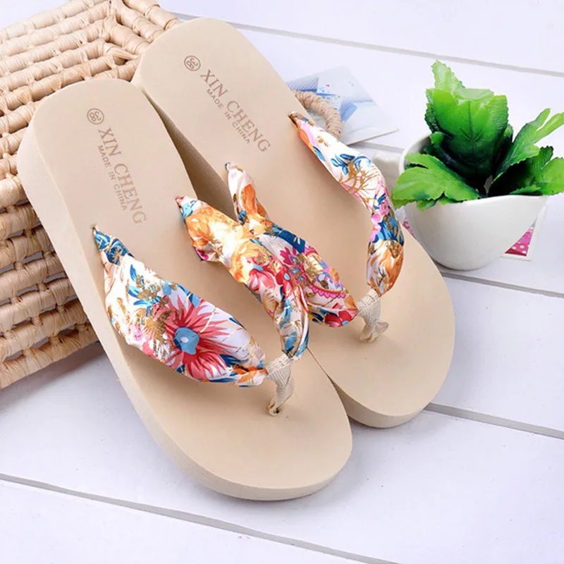 

Women slippers Summer Bohemia Flower Beach Sandal ladies Wedge Platform Thongs Print Floral Flip Flops shoes slides pantufa
