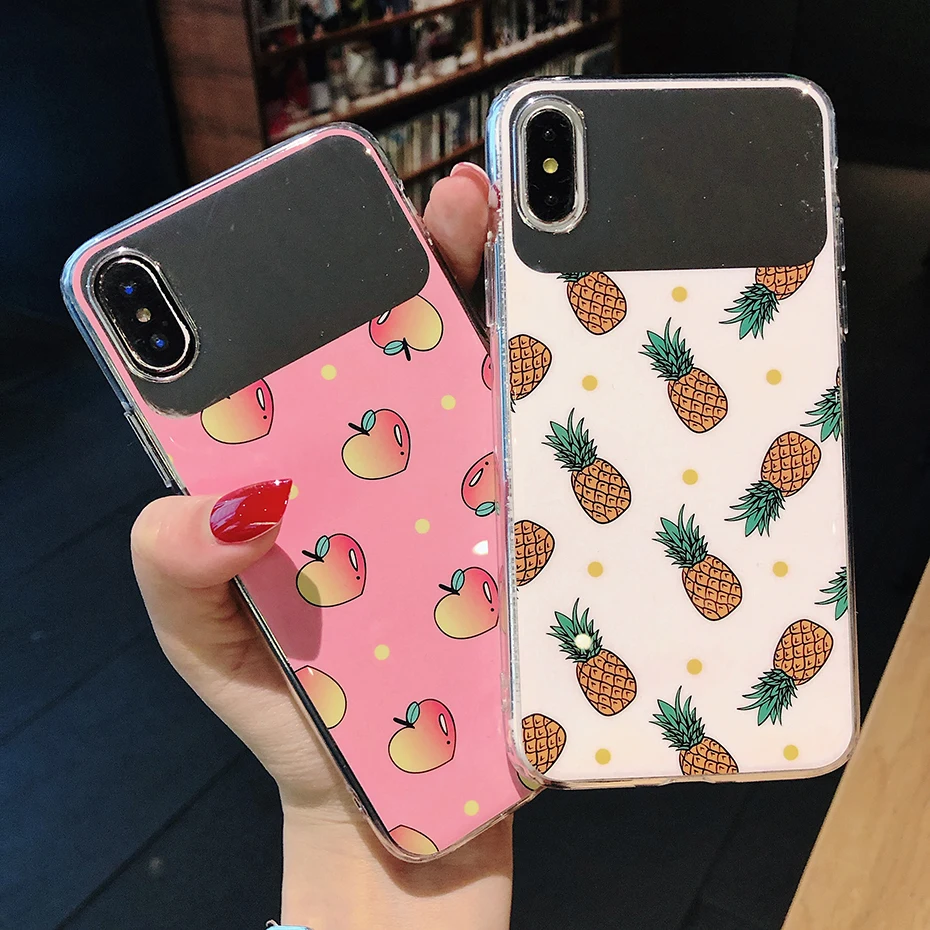 

Beily Fruit Peach Pineapple Case for iPhone 8 7 6 6S Plus Luxury Cosmetic Mirror Soft IMD Phone Case for iPhone XS Max XR X Case