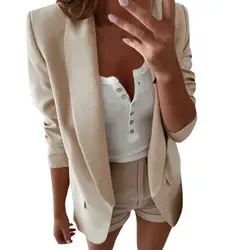 2019 весенний женский Блейзер, модный однотонный кардиган с длинными рукавами, пиджак, костюм, винтажная верхняя одежда с отложным