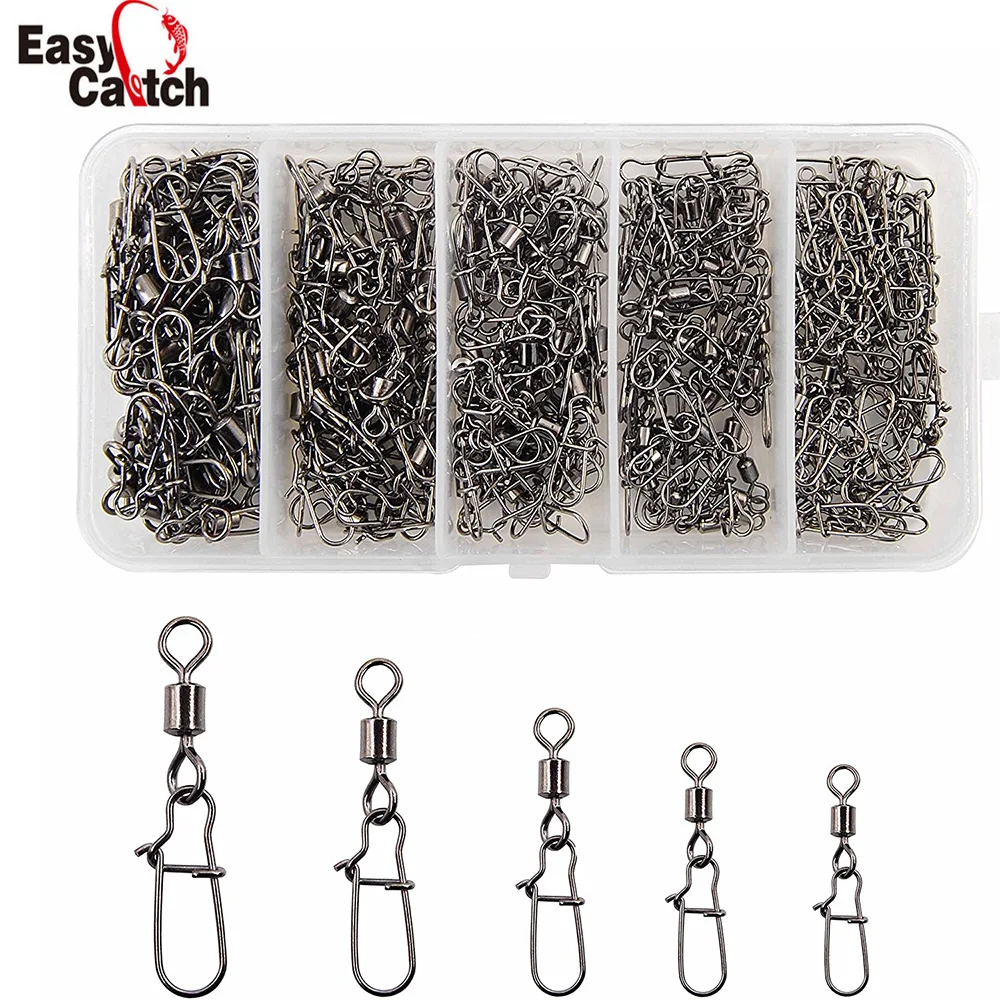 

210pcs/Box High-strength Fishing Swivel Snap Nice Brass With Black Nickle Connectors Rolling Swivels Fishing Tackle Kit