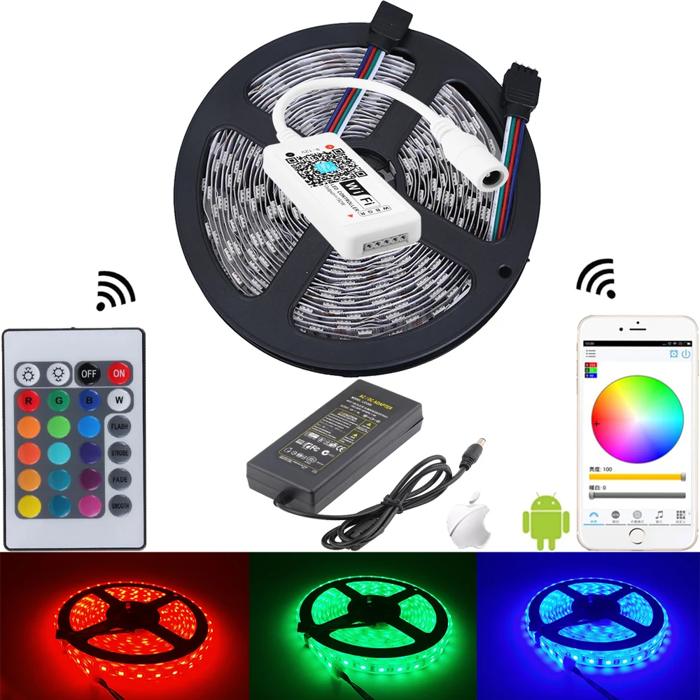 

5050 rgb waterproof led strip fita de tiras mini IOS Android 24 key remote wifi controller diode tape 12v 5a led adapter EU/US