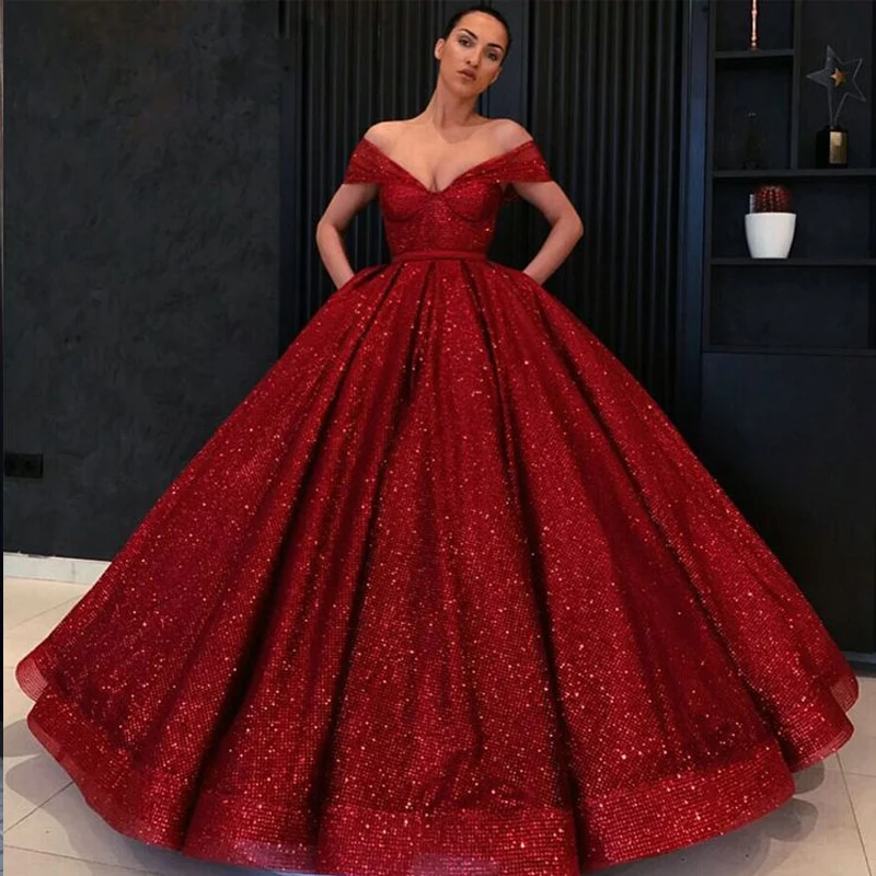 

Long Glitter Prom Dress 2019 Puffy V-neck Off Shoulder Saudi Arabia Burgundy Women Lebanon Formal Evening Gown vestido de gala