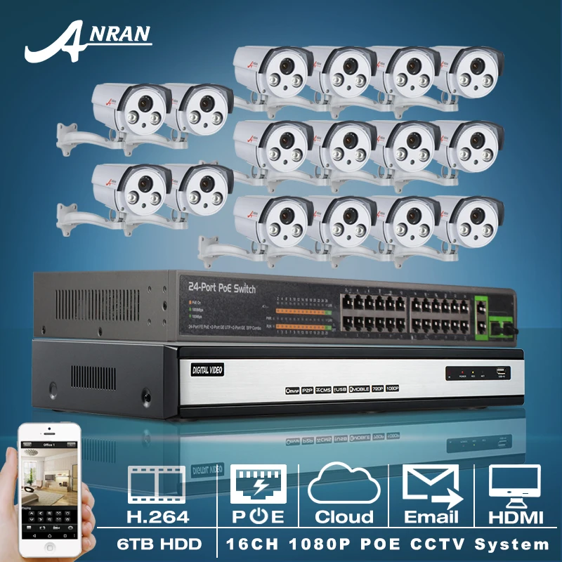 

6TB HDD 24CH POE Switch 16CH NVR Network CCTV System Onvif 2.0 Megapixel 1080P Full HD Waterproof Array IR Network POE IP Camera