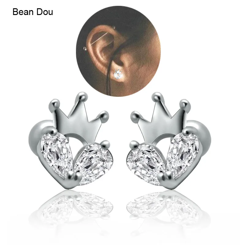 Women's Ear Studs Earrings Heart Crown Princess Stainless Steel Cubic