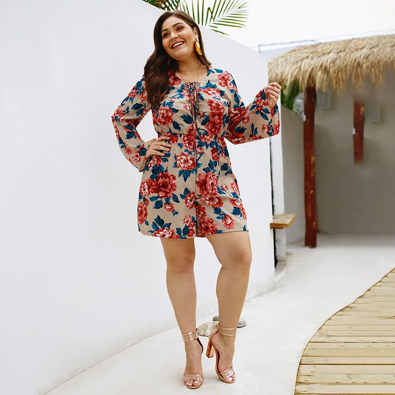 4XL Plus Size Bohemian Floral Print Women Playsuit Summer Beach Holiday Romper Lace Up Hollow Out Long Sleeve High Waist Overall 4XL Plus Size Bohemian Floral Print Women Playsuit Summer Beach Holiday Romper Lace Up Hollow Out Long Sleeve High Waist Overall