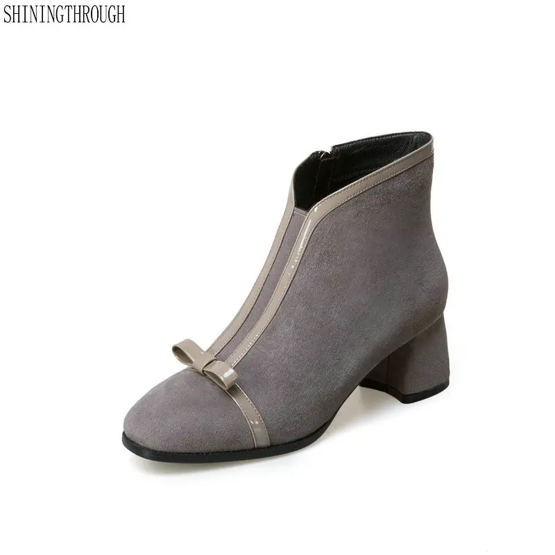 

New suede leather ladies shoes 5.5cm thick heels women boots square toe bowties spring autumn party wedding woman size 41 42 43