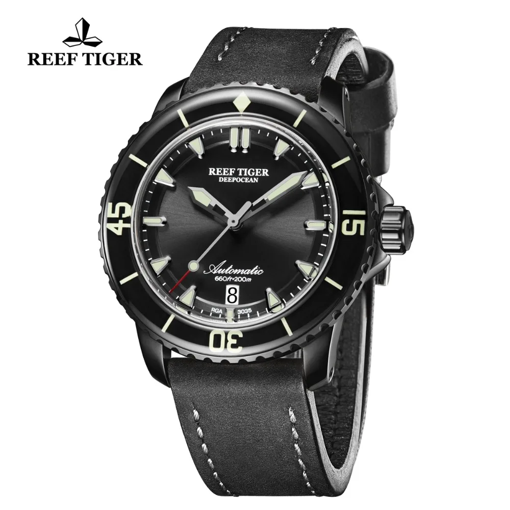 Reef Tiger/RT часы для дайвинга люминесцентные спортивные часы мужские черные стальные кожаный ремешок автоматические с датой водонепроницаемые часы RGA3035