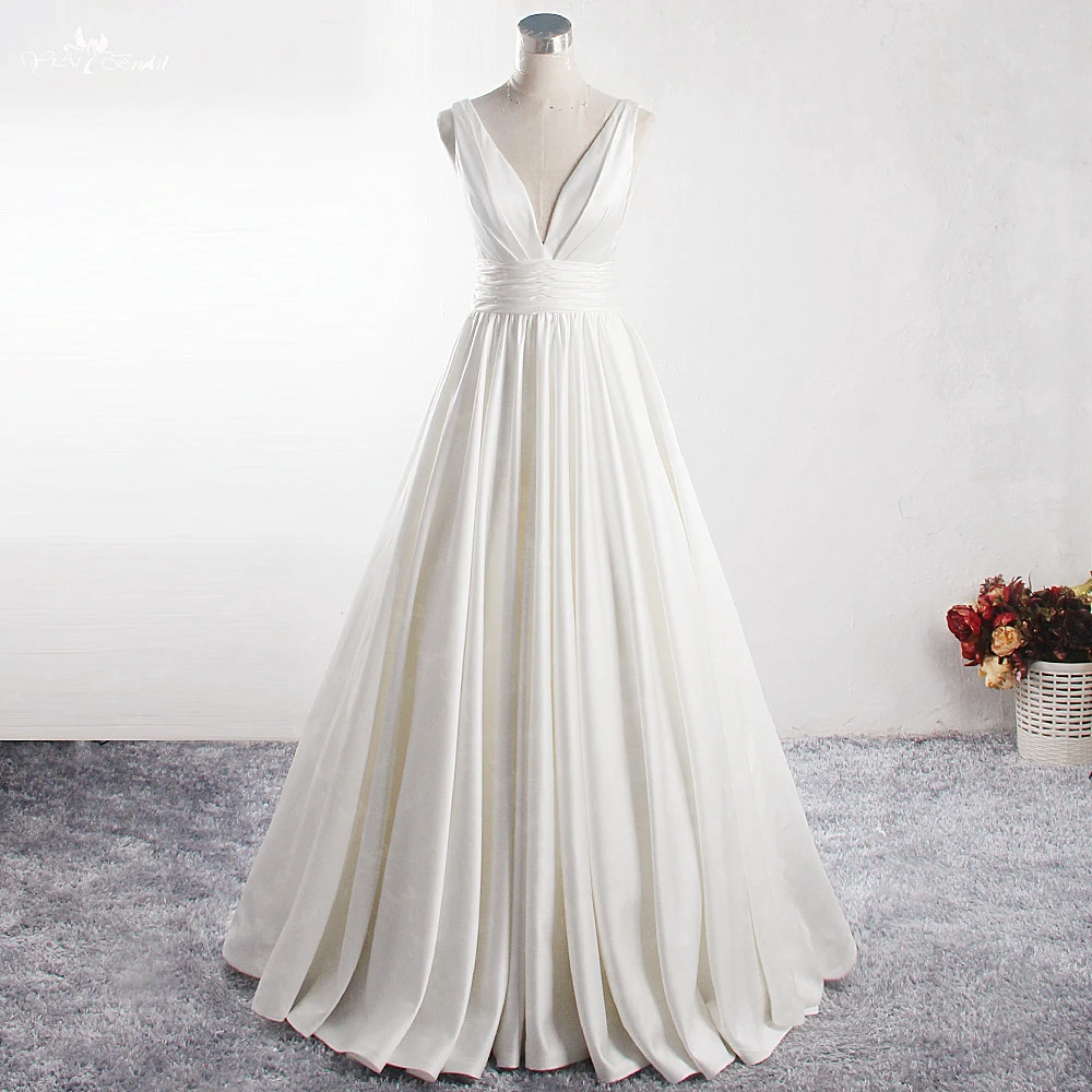 v neck a line satin wedding dress