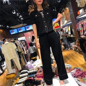 

2019 Spring and Summer Set Women's Short Sleeve Knitted Cutout Tops + Wide Leg Pants Black White Ice Silk Knitted Two-piece set