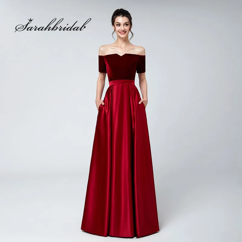 

Burgundy Long Evening Dresses Off Shoulder Velvet Top Satin Floor Length Party Formal Gowns Elegant Lace up Back 3117