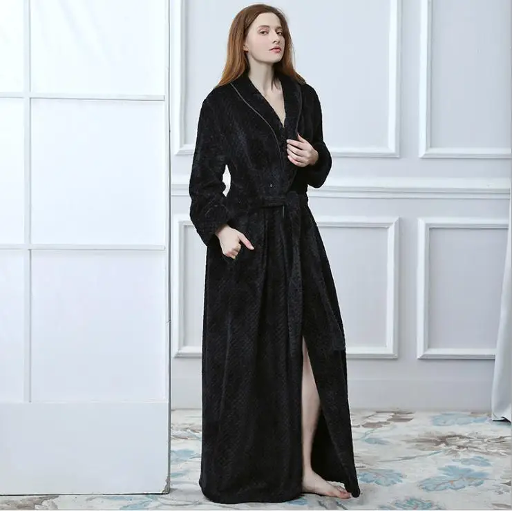 Женский зимний халат удлиненного размера плюс, фланелевый теплый халат из кораллового флиса, женское кимоно, банный халат, сексуальный халат для подружки невесты - Цвет: black