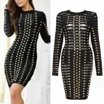 

Beading Full See-through Mini New Style 2019 Fashion Bandage Dress Sexy Women Night Club Party Body con O-Neck Dresses Wholesale