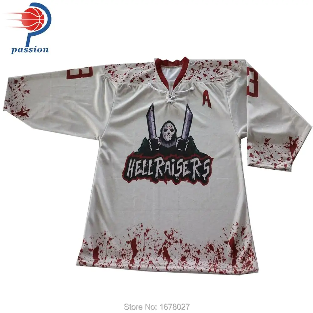 

Black and White Blood Red Lace Up Ice Hockey Jerseys with Sublimated logos