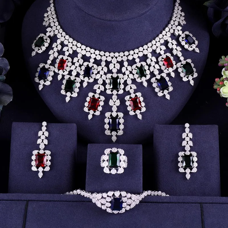 

Multicolor 4PCS Luxury Shape Bridal Cubic Zirconia Necklace Earrings Sets Big Wedding Jewelry Sets For Brides