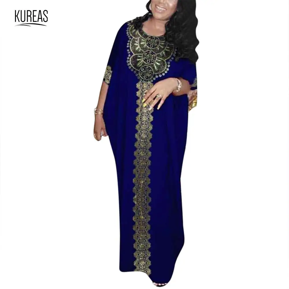 

Kureas Women Dashiki African Dresses Elegant Long Robe Muslim Print Maxi Dress High Elastic Enbroidery National Tribal Gown