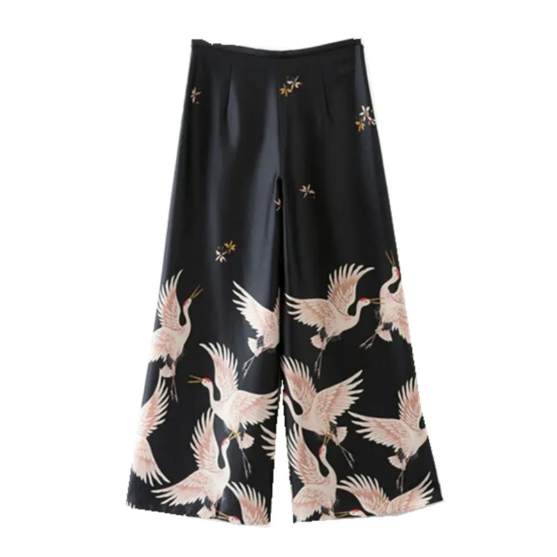 

2017 Ethnic Cranes print Black Wide Leg Pants Woman Vintage High waist Ankle Length Trousers Femme Casual loose Pants