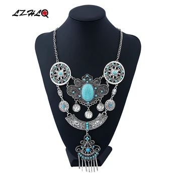 

LZHLQ Vintage Hollow Round Blue Stone Maxi Necklace Ethnic Carved Metal Tassel Bohemia Bead Necklace Women Fashion Brand Jewelry