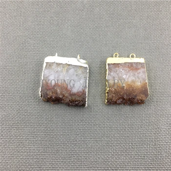 

MY1220 Rectangular Yellow Crystal Stalactite Slice Pendant with Gold or Silver Plated Edges,Double Bail Crystal Quartz Pendant