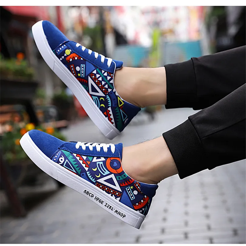 

2019 Men's Vulcanize Shoes Print Canvas Fashion Lace-up Rubber Flat Sneakers Spring Autumn Casual Man Shoes BXLH052201