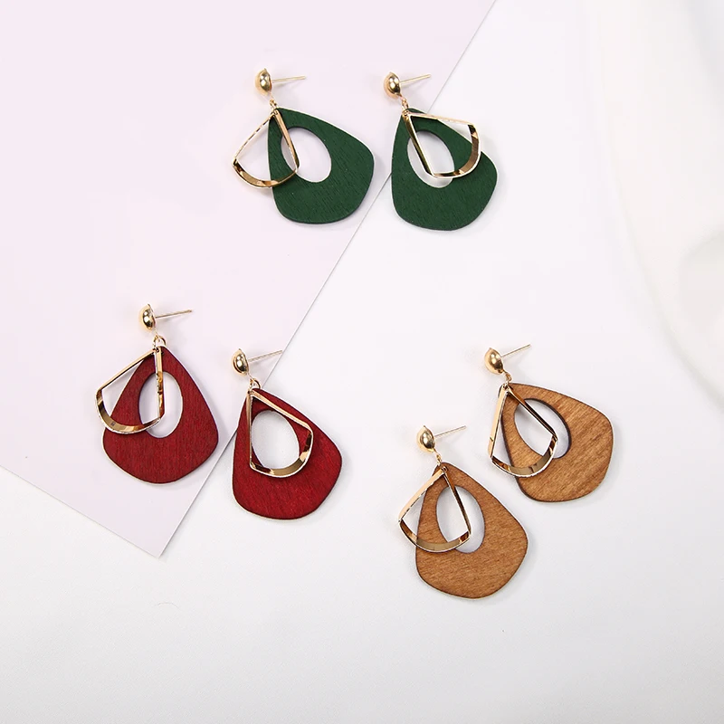 

KARASU Ethnic Fashion Statement Drop Wood Earrings for Women Geometry Hollow Alloy Dangle Earring Ear Jewelry Gifts