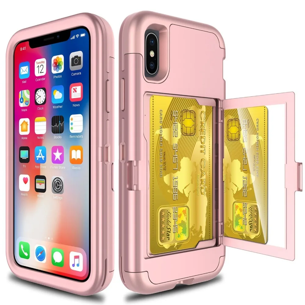 Shockproof Phone Case For iPhone X Luxury Wallet Card Holder Mirror Anti-Knock 10 Cover |
