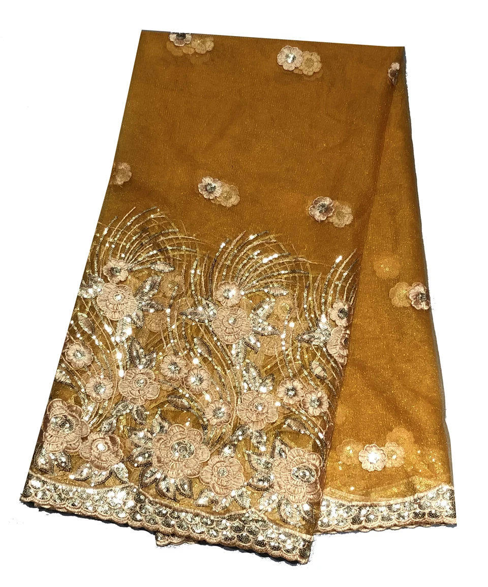 

Yellow African Sequin Lace Fabric 2019 Embroidered Nigerian Laces Fabric High Quality French Tulle Lace Fabric For Women
