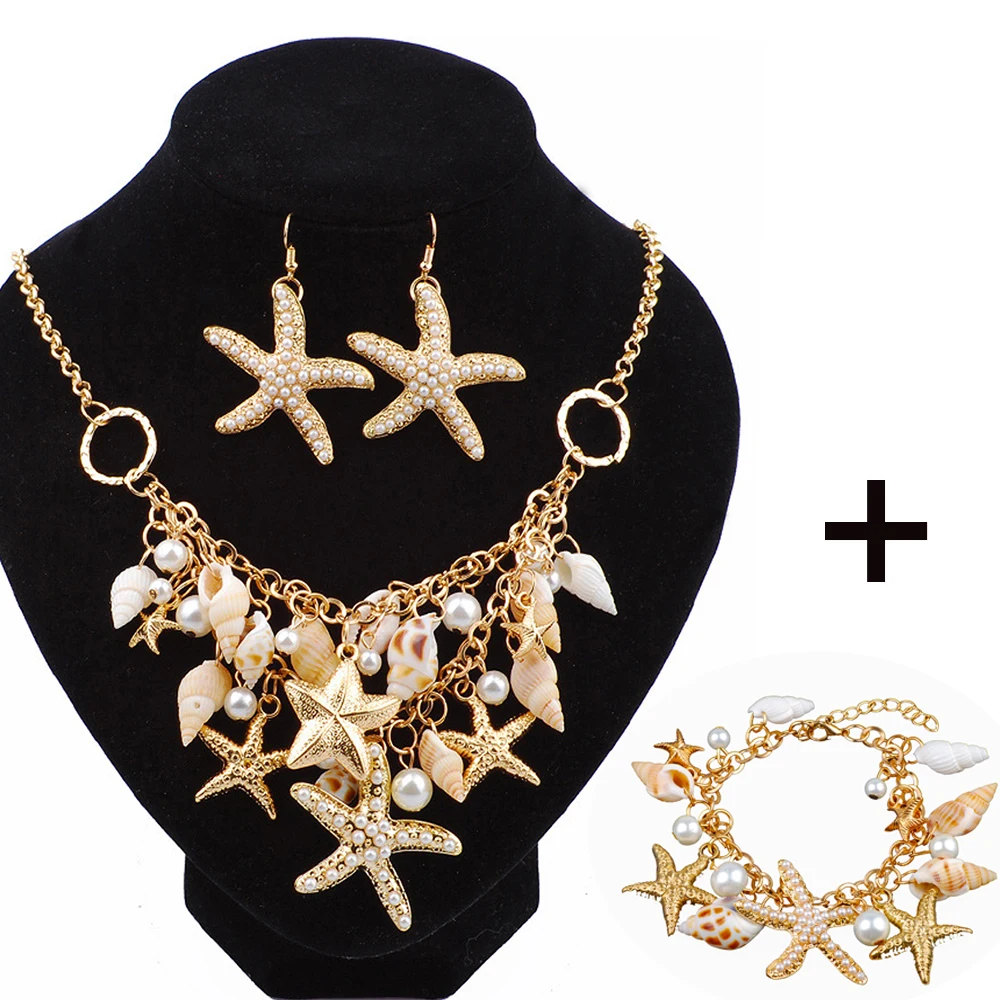 

Lot Starfish Sea Snail Earrings Necklace Bracelet Suit Pearl Shell Double Sautoir Charm Conch Seashell Drop Earring Jewelry Sets