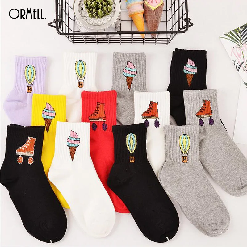 

Hot Women Socks Fire Balloon Ice Cream Popsicle Sundaes Skate Roller Print Socks Whosale High Quality