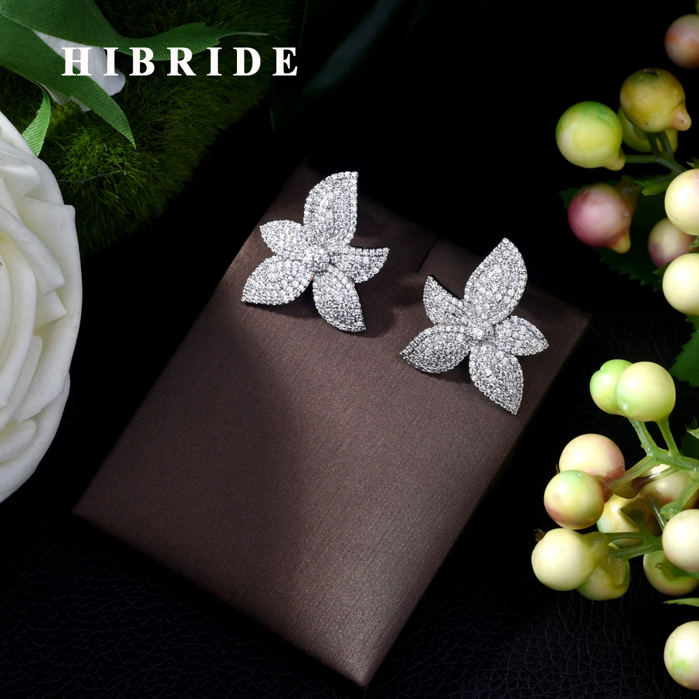 

HIBRIDE Lovely Plant Flower Shape Full CZ Stud Earrings 2019 Fashion Jewelry Dubai Korean Style for Bridal brinco Earrings E-438