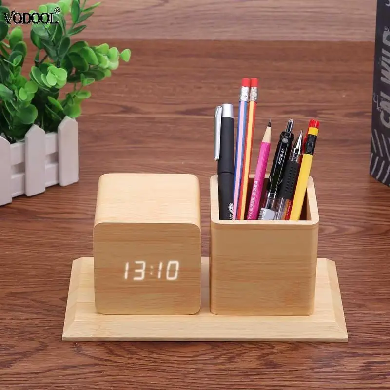 

VODOOL Electronic Wood Pen Holder Desk Organizer Smart LED Alarm Clock Calendar Display Sound Control Pencil Office Stationery