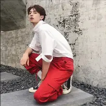 Дизайн красный Мульти-комбинезоны с карманами широкие брюки тренд повседневные Прямые брюки