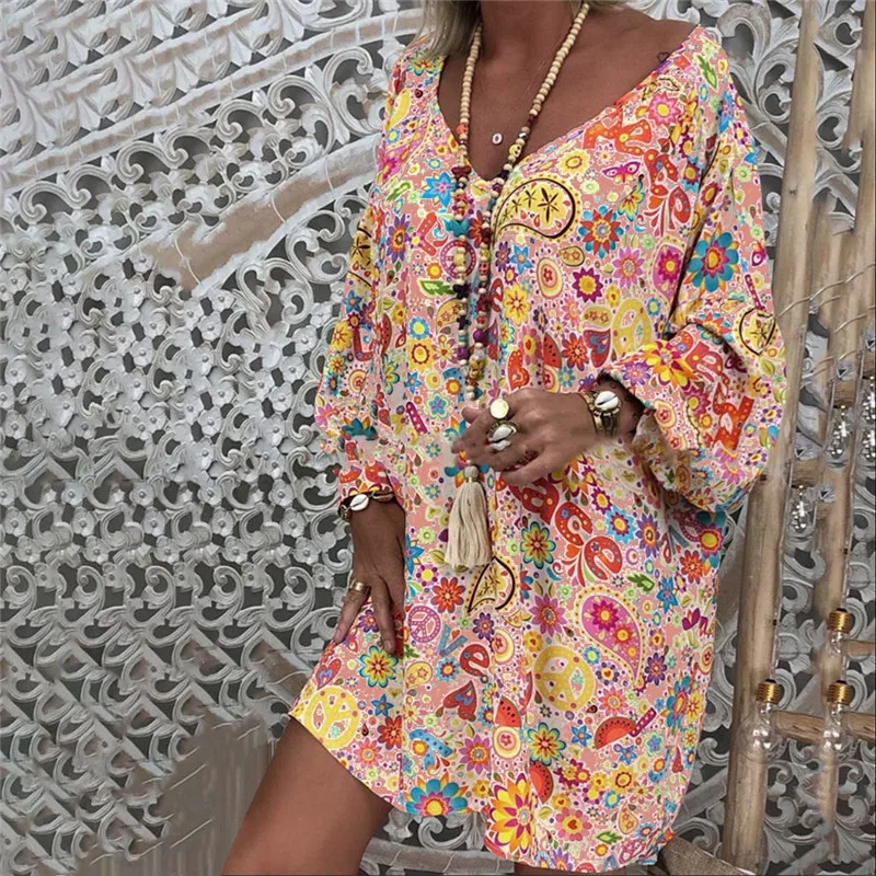 

JAYCOSIN 2019 Spring Autumn Dress Plus Size Women Off the Shoulder Floral Print Mini Sleeve Irregular Loose Casual Dress jun#4