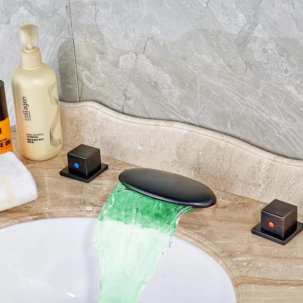 

Uythner Newly Deck Mounted Oil Rubbed Bronze LED Changing Waterfall Bathroom Basin Faucet Mixer Tap Dual Handles