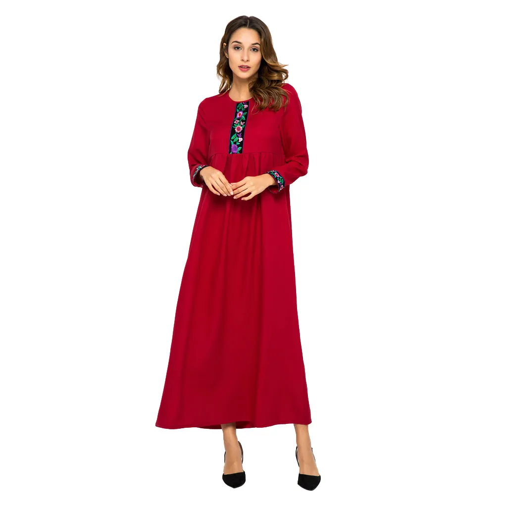 Исламская Мода мусульманское платье Винтаж одноцветное женские мусульманские платья Красный с круглым вырезом с длинными рукавами