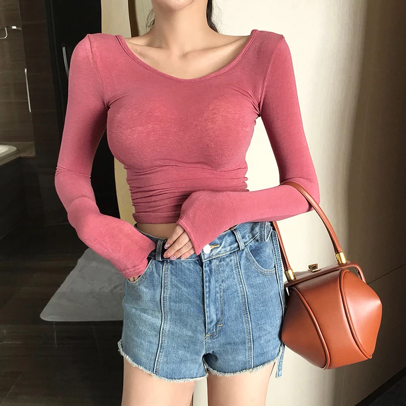 

2018 Autumn Women O-neck Knitted Cropped Girls Full Sleeve Sheath Thin Knit Crop Tops For Female
